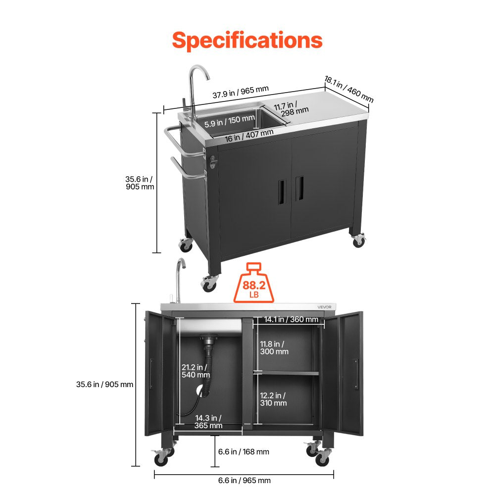VEVOR Outdoor Grill Cart with Sink and Storage Cabinet, 38 Inch Grill Table, Waterproof Kitchen Island with Stainless Steel Top, Spice Rack, Wheel, Movable Food Prep Station for Patio Bar Backyard BBQ
