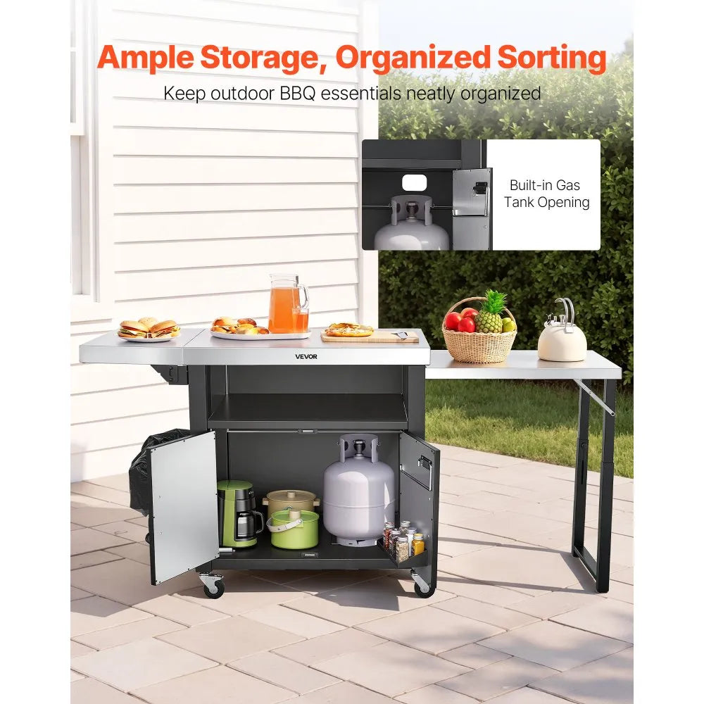 VEVOR Outdoor Grill Cart with Storage Cabinet, 74.8 Inch Grill Table, Waterproof Kitchen Island with Stainless Steel Top, Pull-Out Plate, Wheels, Movable Food Prep Station for Patio Bar Backyard BBQ