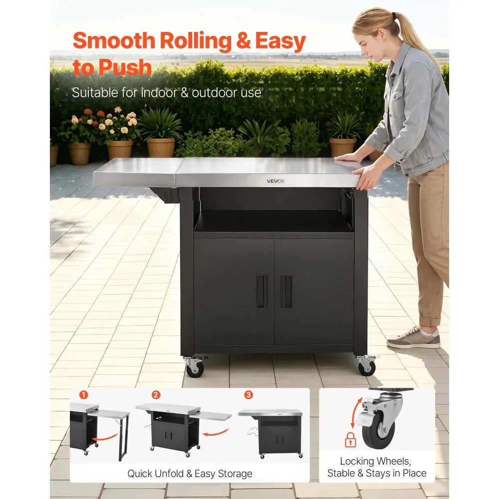 VEVOR Outdoor Grill Cart with Storage Cabinet, 74.8 Inch Grill Table, Waterproof Kitchen Island with Stainless Steel Top, Pull-Out Plate, Wheels, Movable Food Prep Station for Patio Bar Backyard BBQ