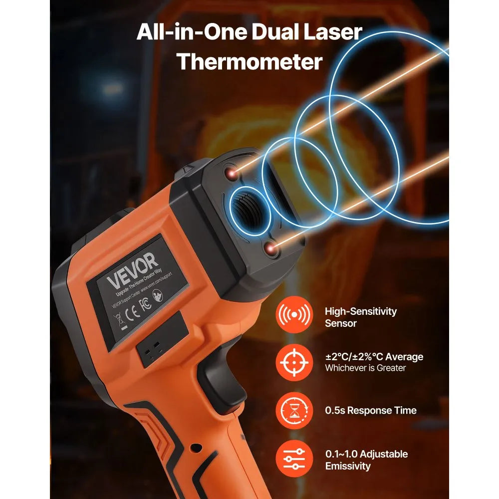 VEVOR Infrared Thermometer, -22℉ to 2192℉ Dual-Mode IR Thermometer Gun with K-Type Thermocouple, Dual Laser Heat Temperature Gun Non-Contact for Cooking/Griddle/Engine/Industrial Use (Not for Human)