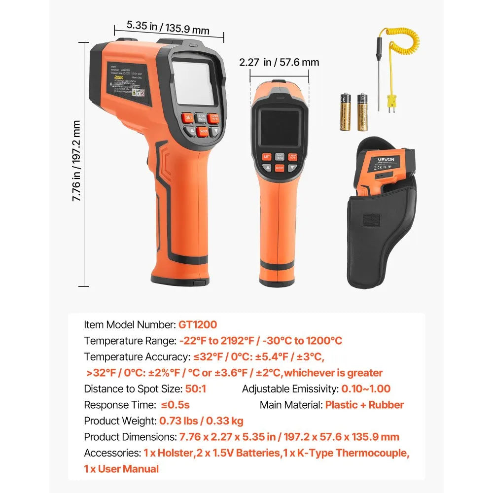 VEVOR Infrared Thermometer, -22℉ to 2192℉ Dual-Mode IR Thermometer Gun with K-Type Thermocouple, Dual Laser Heat Temperature Gun Non-Contact for Cooking/Griddle/Engine/Industrial Use (Not for Human)