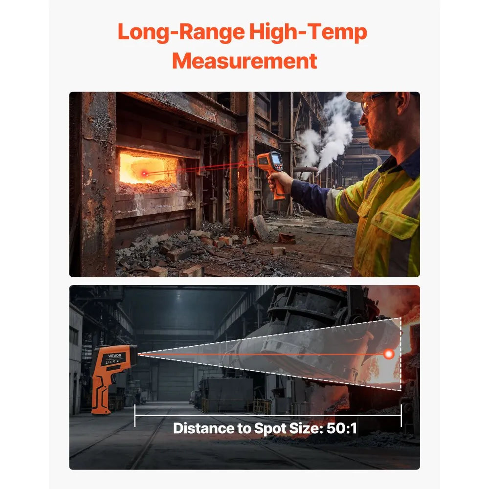 VEVOR Infrared Thermometer, -22℉ to 2912℉ Dual-Mode IR Thermometer Gun with K-Type Thermocouple, Dual Laser Heat Temperature Gun Non-Contact for Metal Smelting/Engine/Industry/Cooking (Not for Human)