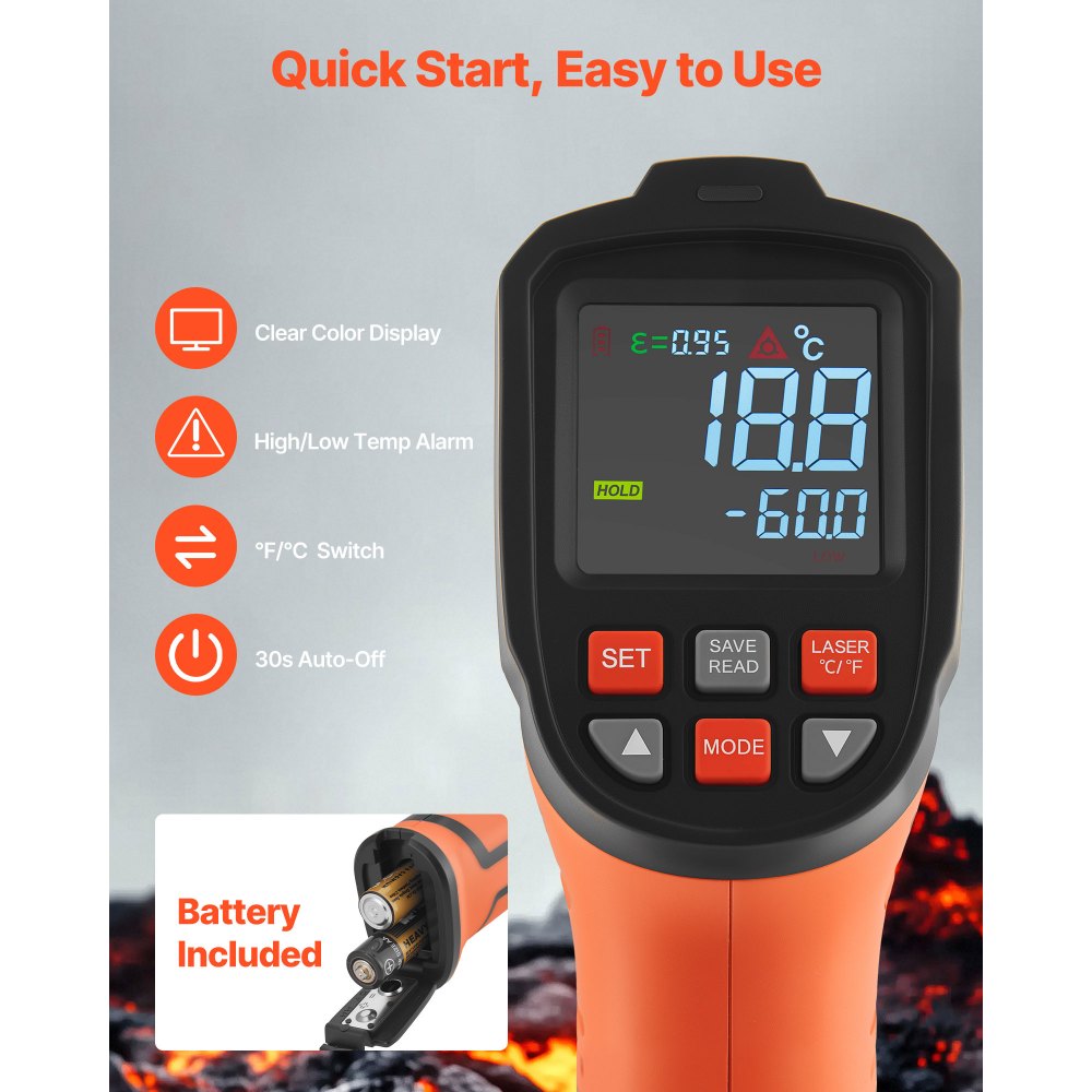 VEVOR Infrared Thermometer, -22℉ to 2912℉ Dual-Mode IR Thermometer Gun with K-Type Thermocouple, Dual Laser Heat Temperature Gun Non-Contact for Metal Smelting/Engine/Industry/Cooking (Not for Human)