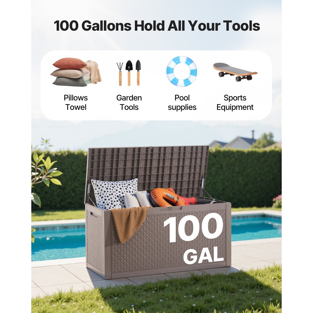 VEVOR Deck Box, 100 Gallon Outdoor Storage Box, 48.0" x 21.5" x 24.5", Waterproof PP Deckbox with Aluminum Alloy Padlock, for Patio Furniture, Pool Toys, Garden Tools, Outdoor Cushions, Gray