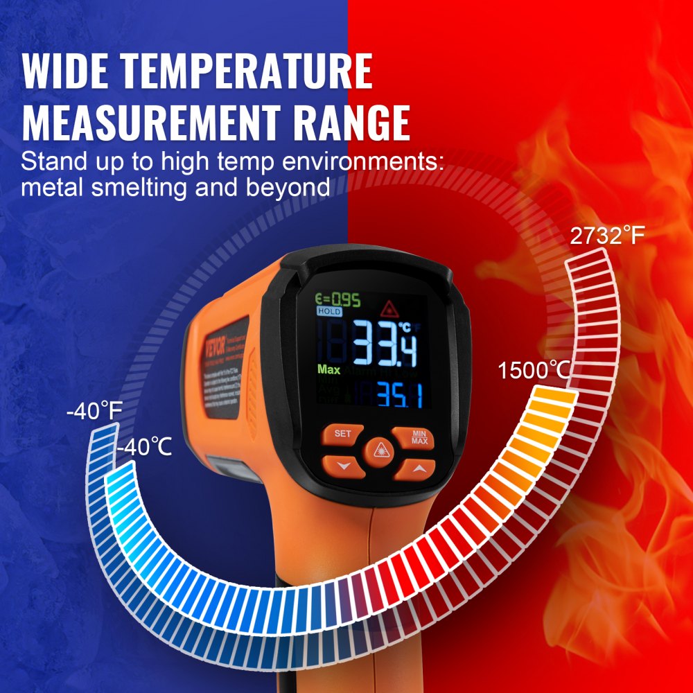 VEVOR Infrared Thermometer, -40~2732°F Dual Laser Temperature Gun Non-Contact, Handheld IR Heat Temperature Gun with Adjustable Emissivity for Metal Smelting/Cooking/Pizza Oven/Engine(Not for Human)