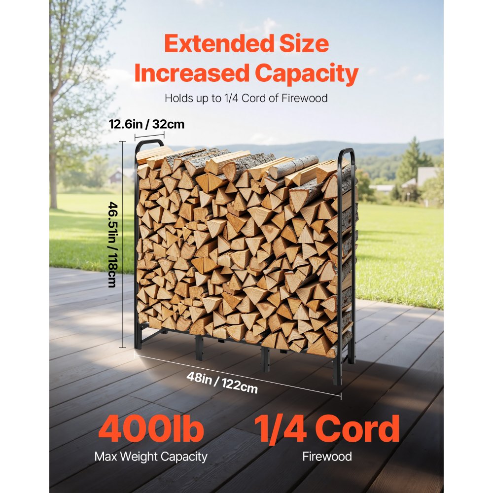 VEVOR Firewood Rack with Waterproof Cover, 4 ft Outdoor Firewood Holder, 1/4 Cord Storage Metal Log Holder, 400lb Max Weight Capacity, Top Covered, Powder-Coated Wood Storage Rack for Fireplace Deck