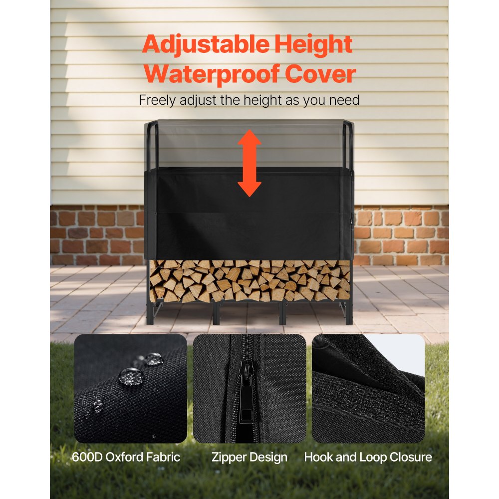 VEVOR Firewood Rack with Waterproof Cover, 4 ft Outdoor Firewood Holder, 1/4 Cord Storage Metal Log Holder, 400lb Max Weight Capacity, Top Covered, Powder-Coated Wood Storage Rack for Fireplace Deck