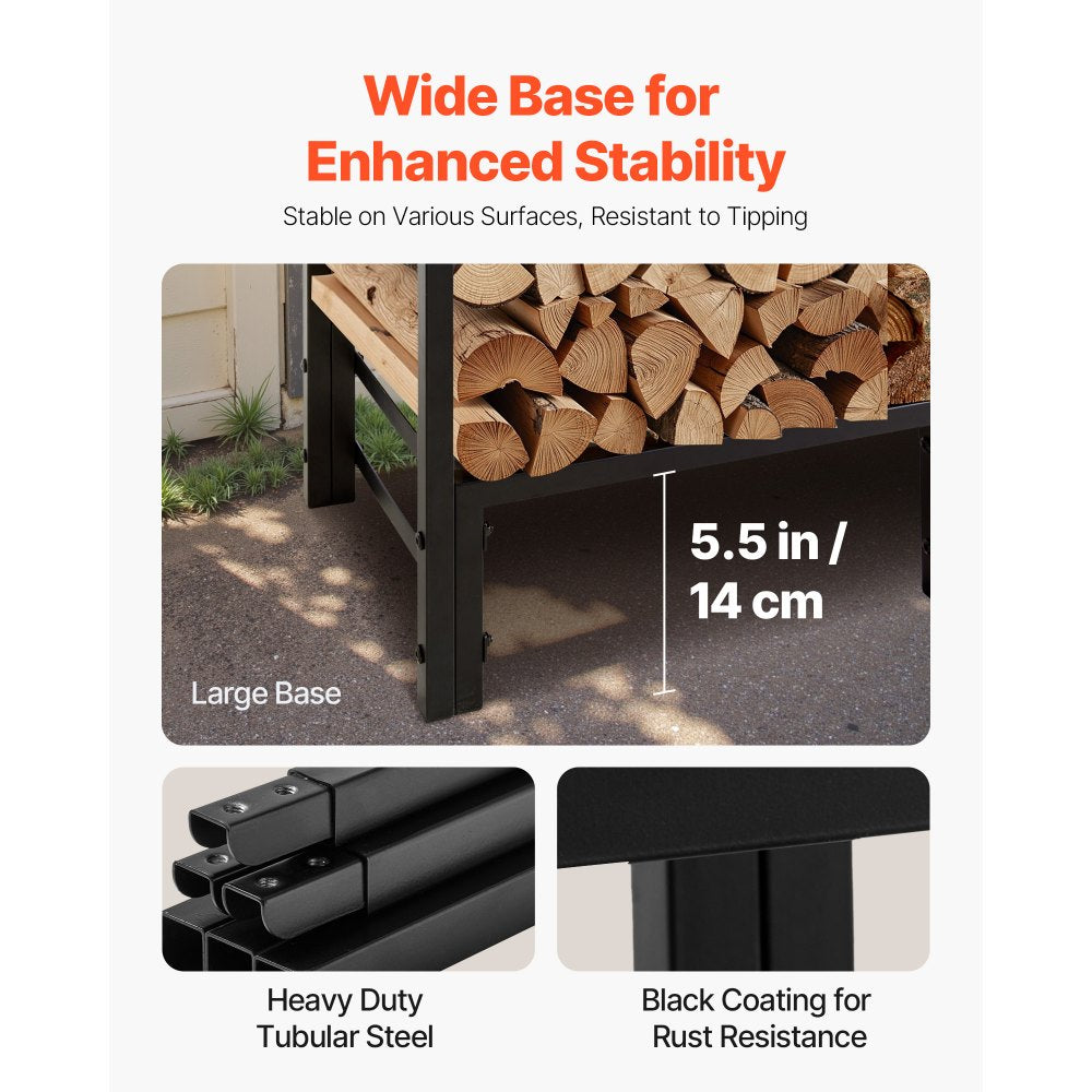 VEVOR Firewood Rack with Waterproof Cover, 4 ft Outdoor Firewood Holder, 1/4 Cord Storage Metal Log Holder, 400lb Max Weight Capacity, Top Covered, Powder-Coated Wood Storage Rack for Fireplace Deck