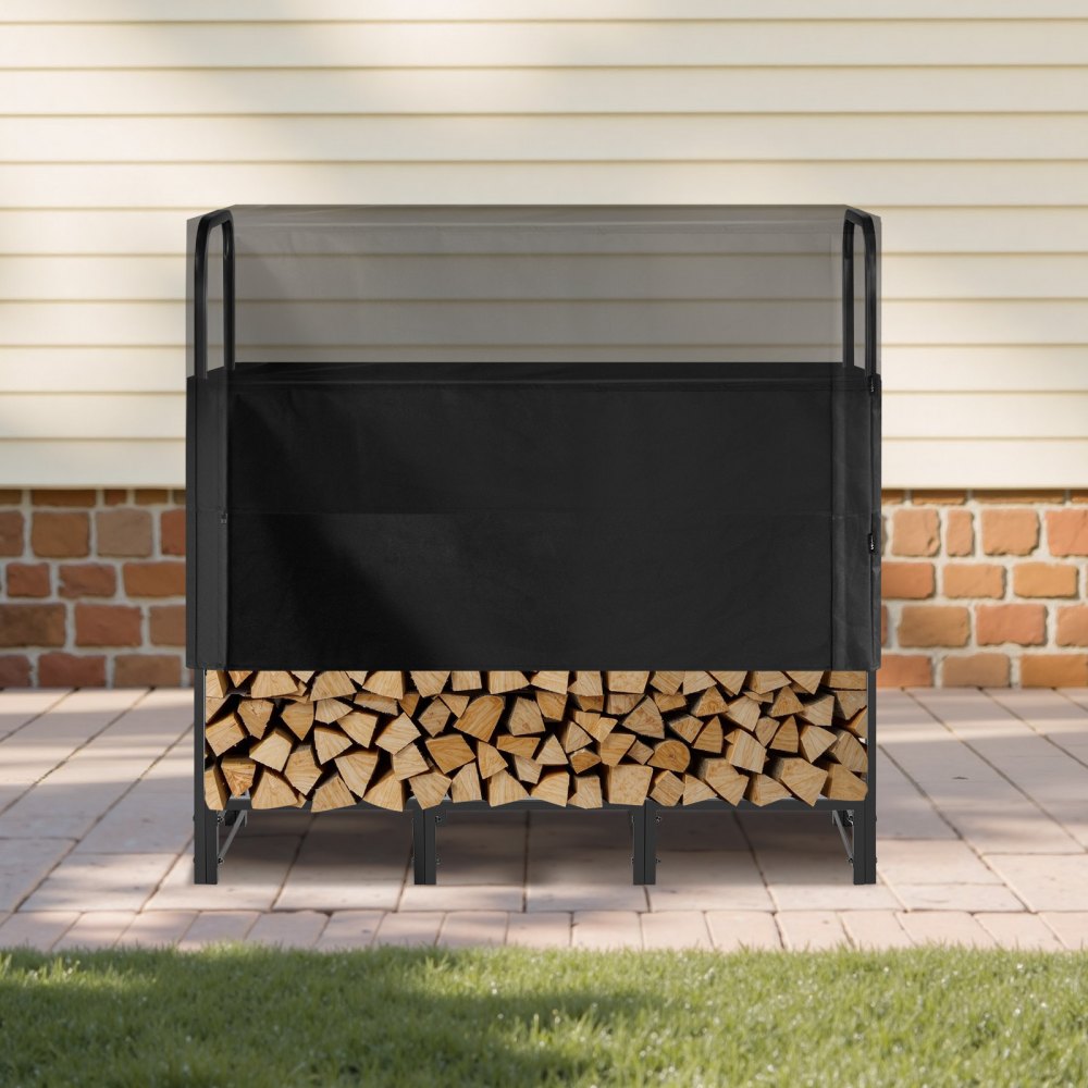 VEVOR Firewood Rack with Waterproof Cover, 4 ft Outdoor Firewood Holder, 1/4 Cord Storage Metal Log Holder, 400lb Max Weight Capacity, Top Covered, Powder-Coated Wood Storage Rack for Fireplace Deck