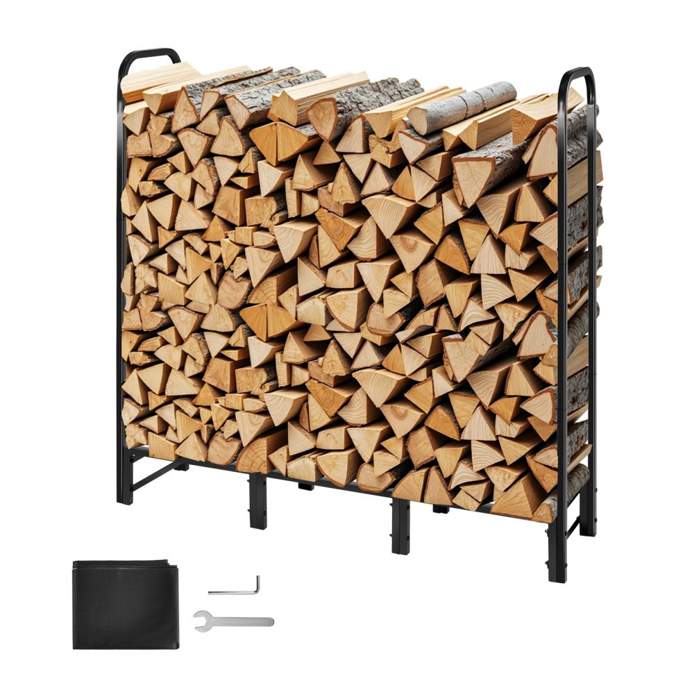 VEVOR Firewood Rack with Waterproof Cover, 4 ft Outdoor Firewood Holder, 1/4 Cord Storage Metal Log Holder, 400lb Max Weight Capacity, Top Covered, Powder-Coated Wood Storage Rack for Fireplace Deck