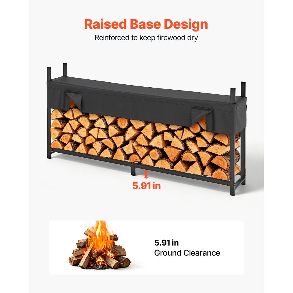 VEVOR Firewood Rack with Waterproof Cover 8ft 1/2 Cord Outdoor Wood Storage, for Fireplace Patio Deck, 2400 lbs Load Capacity Heavy Duty Fire Log Holder Stacker Stand, Metal Wood Pile Organizer, Black