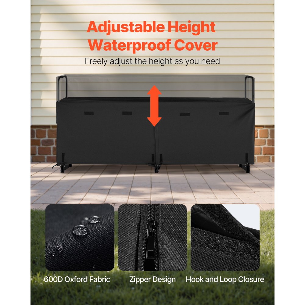 VEVOR Firewood Rack with Waterproof Cover, 8 ft Outdoor Firewood Holder, 1/2 Cord Storage Metal Log Holder, 660lb Max Weight Capacity, Top Covered, Powder-Coated Wood Storage Rack for Fireplace Deck