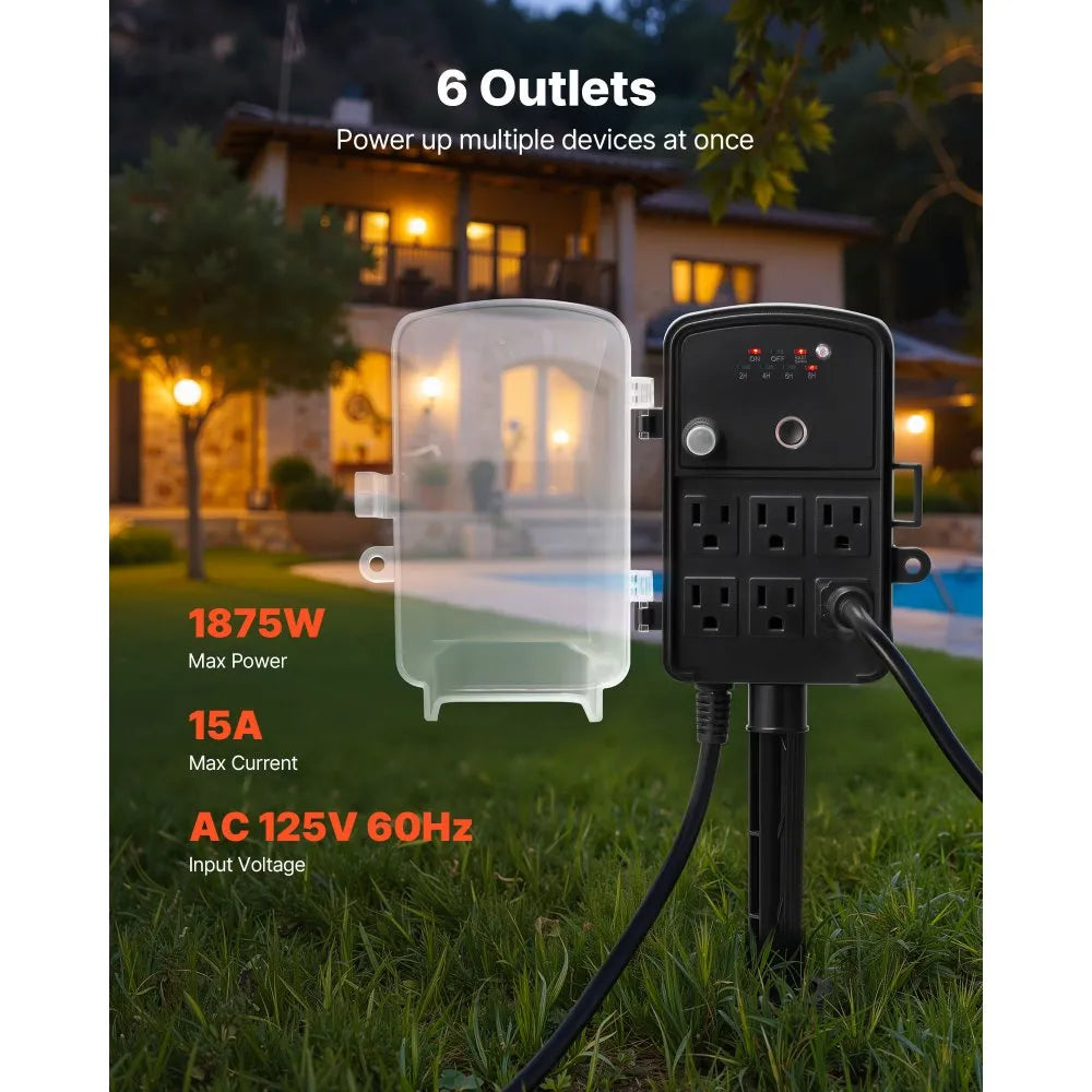VEVOR Outdoor Power Stake, 50FT Extension Cord, Outdoor Power Strip Weatherproof with Cover, Remote Control Dusk to Dawn Light Timer Waterproof, 6 Outlets, 1875W/15A, for Christmas Lights, Garden