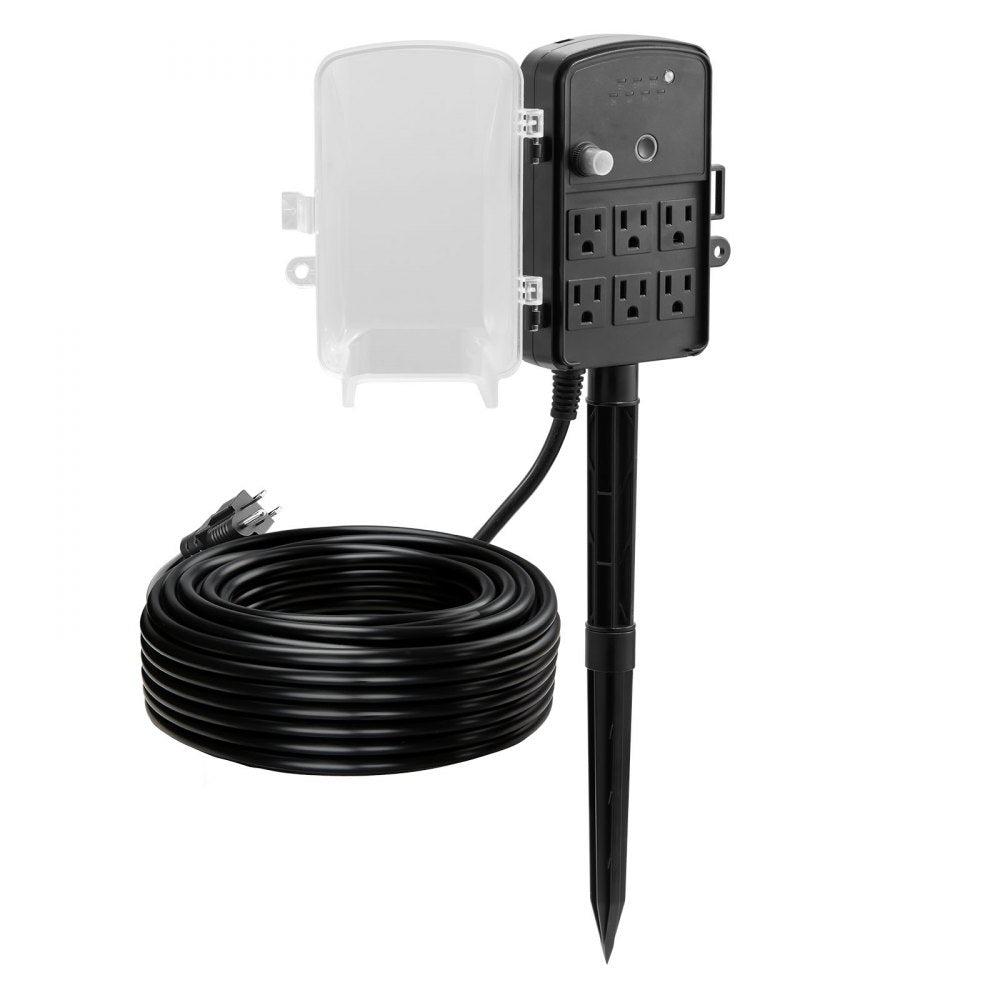 VEVOR Outdoor Power Stake, 100FT Extension Cord, Outdoor Power Strip Weatherproof with Cover, Remote Control Dusk to Dawn Light Timer Waterproof, 6 Outlets, 1625W/13A, for Christmas Lights, Garden