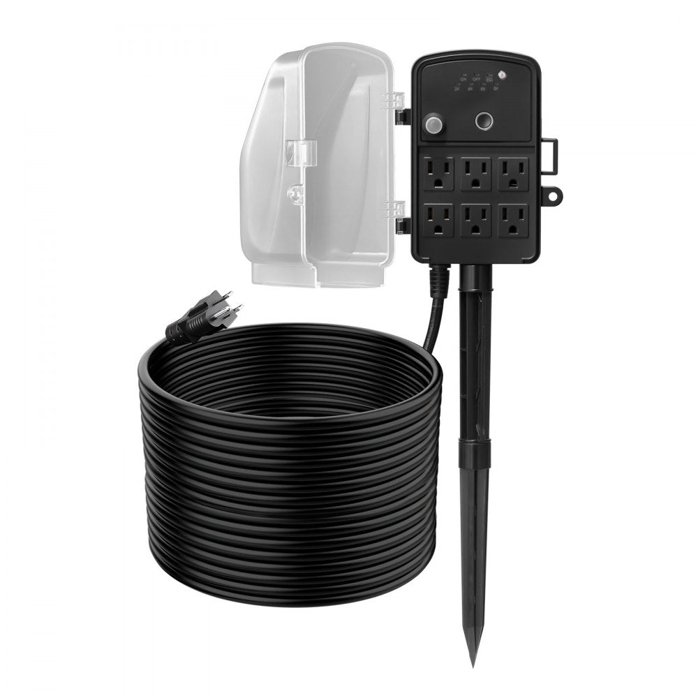 VEVOR Outdoor Power Stake, 100FT Extension Cord, Outdoor Power Strip Weatherproof with Cover, Remote Control Dusk to Dawn Light Timer Waterproof, 6 Outlets, 1625W/13A, for Christmas Lights, Garden
