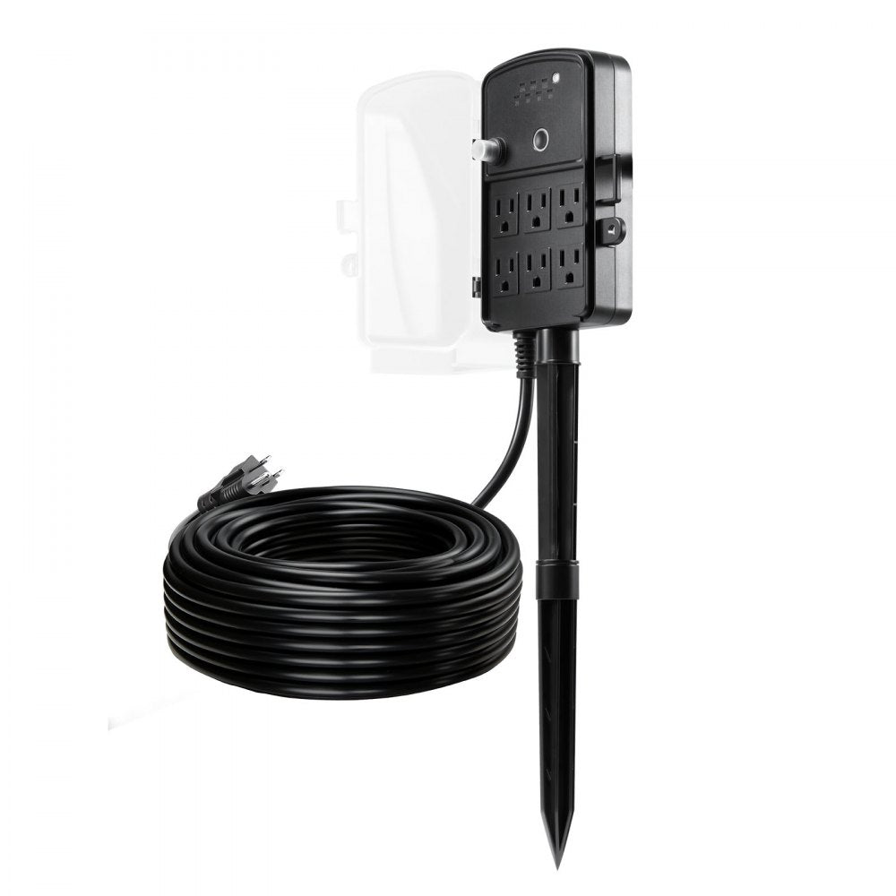 VEVOR Outdoor Power Stake, 100FT Extension Cord, Outdoor Power Strip Weatherproof with Cover, Remote Control Dusk to Dawn Light Timer Waterproof, 6 Outlets, 1625W/13A, for Christmas Lights, Garden