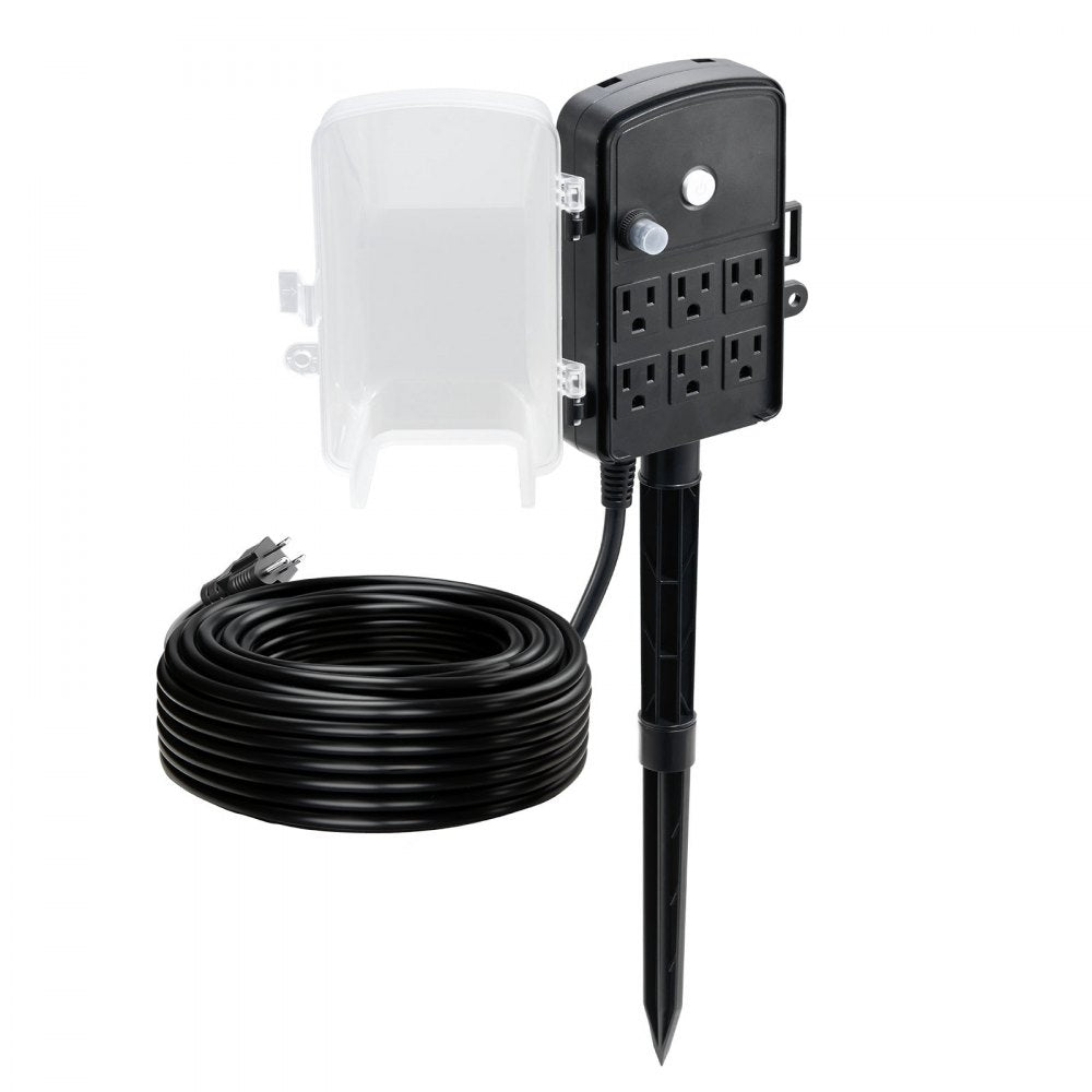 VEVOR Outdoor Power Stake, 100 FT Extension Cord, Outdoor Power Strip Weatherproof with Cover and Overload Protection, 6 Outlets, 13A/1625W, Waterproof Multi-Outlet Yard Stake for Christmas Lights