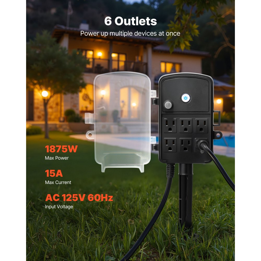 VEVOR Outdoor Power Stake, 15 FT Extension Cord, Outdoor Power Strip Weatherproof with Cover and Overload Protection, 6 Outlets, 15A/1875W, Waterproof Multi-Outlet Yard Stake for Christmas Lights