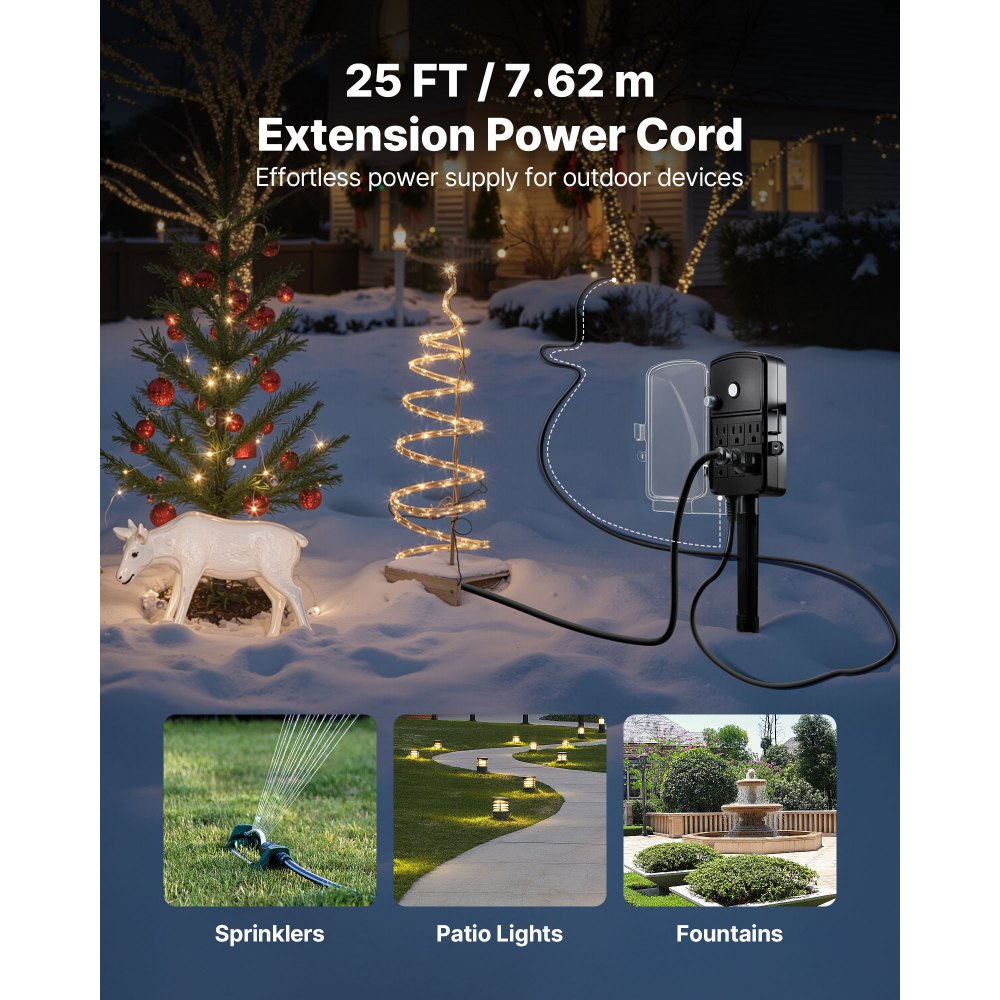 VEVOR Outdoor Power Stake, 25 FT Extension Cord, Outdoor Power Strip Weatherproof with Cover and Overload Protection, 6 Outlets, 15A/1875W, Waterproof Multi-Outlet Yard Stake for Christmas Lights