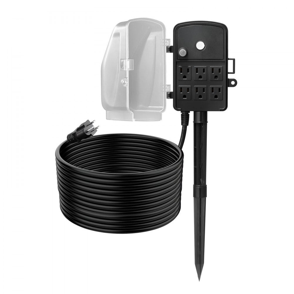 VEVOR Outdoor Power Stake, 25 FT Extension Cord, Outdoor Power Strip Weatherproof with Cover and Overload Protection, 6 Outlets, 15A/1875W, Waterproof Multi-Outlet Yard Stake for Christmas Lights