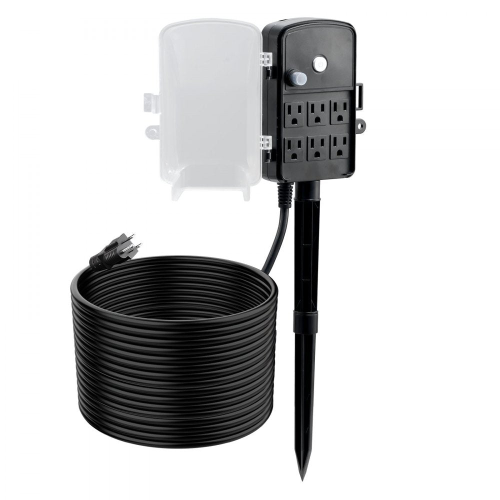 VEVOR Outdoor Power Stake, 50 FT Extension Cord, Outdoor Power Strip Weatherproof with Cover and Overload Protection, 6 Outlets, 15A/1875W, Waterproof Multi-Outlet Yard Stake for Christmas Lights