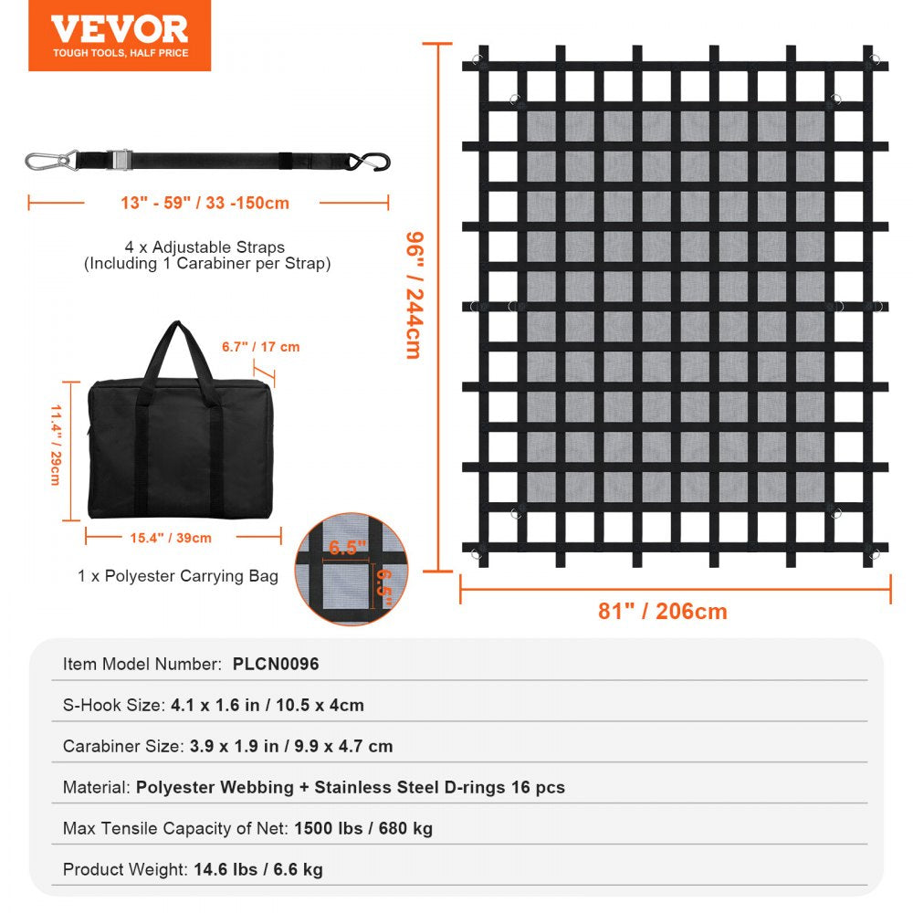 VEVOR Cargo Net, 96 in x 81 in, Heavy Duty Truck Cargo Net for Truck Bed, 4 Adjustable Straps with Carabiners & S-Hooks, Wear-resistant & Weather-proof, Suitable for Pickup, Truck, Jeep, SUV, Boat