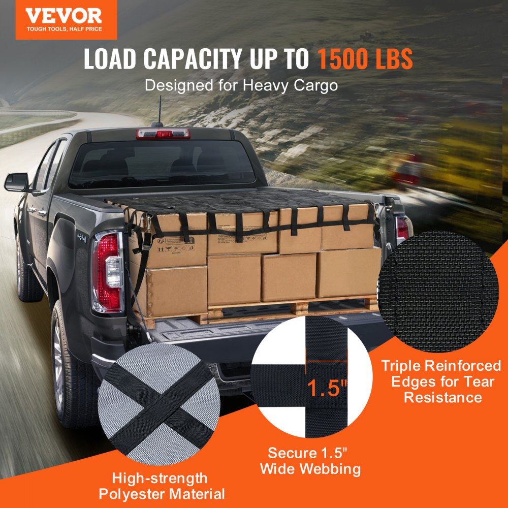 VEVOR Cargo Net, 72 in x 57 in, Heavy Duty Truck Cargo Net for Truck Bed, 4 Adjustable Straps with Carabiners & S-Hooks, Wear-resistant & Weather-proof, Suitable for Pickup, Truck, Jeep, SUV, Boat