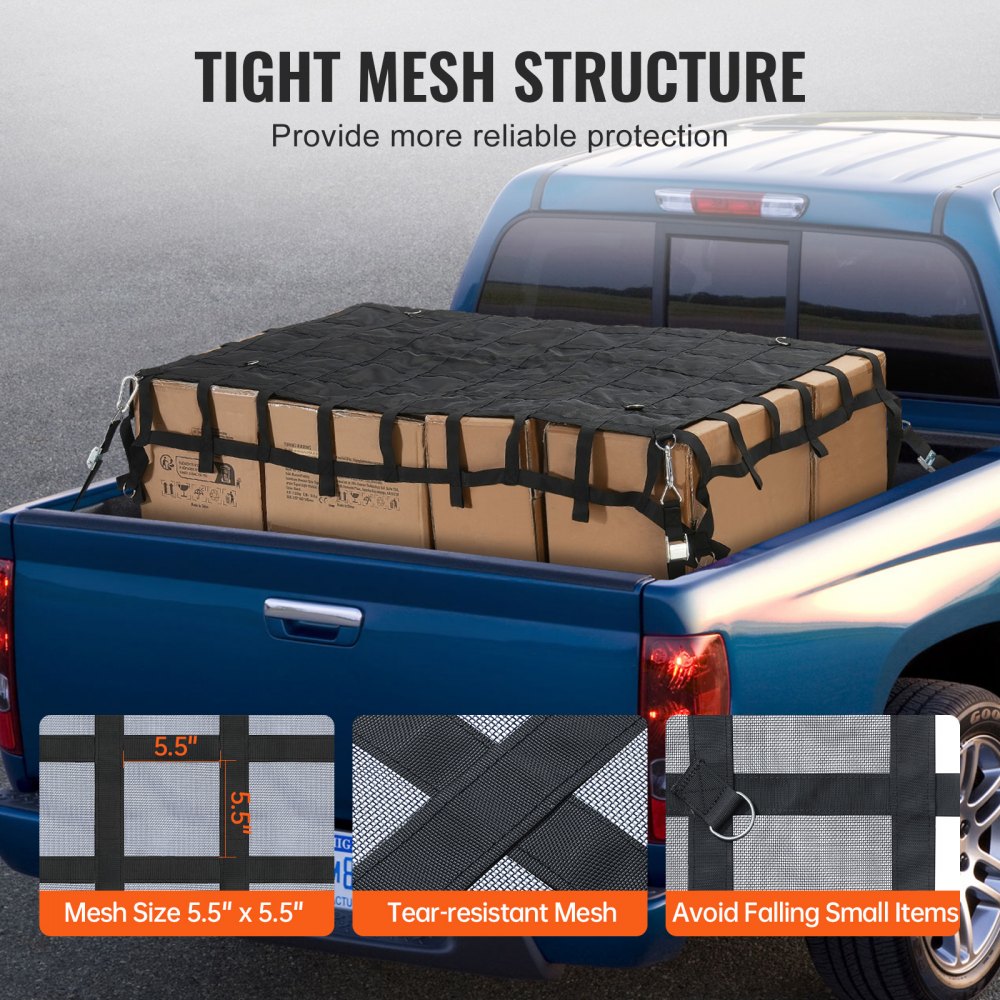 VEVOR Cargo Net, 72 in x 57 in, Heavy Duty Truck Cargo Net for Truck Bed, 4 Adjustable Straps with Carabiners & S-Hooks, Wear-resistant & Weather-proof, Suitable for Pickup, Truck, Jeep, SUV, Boat
