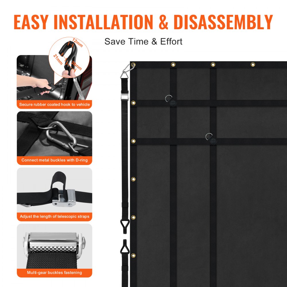 VEVOR Cargo Net, 72 in x 57 in, Heavy Duty Truck Cargo Net for Truck Bed, 4 Adjustable Straps with Carabiners and Rubber Coated Hooks, Durable, Suitable for Pickup, Jeep, Truck, SUV, Boat (Black)