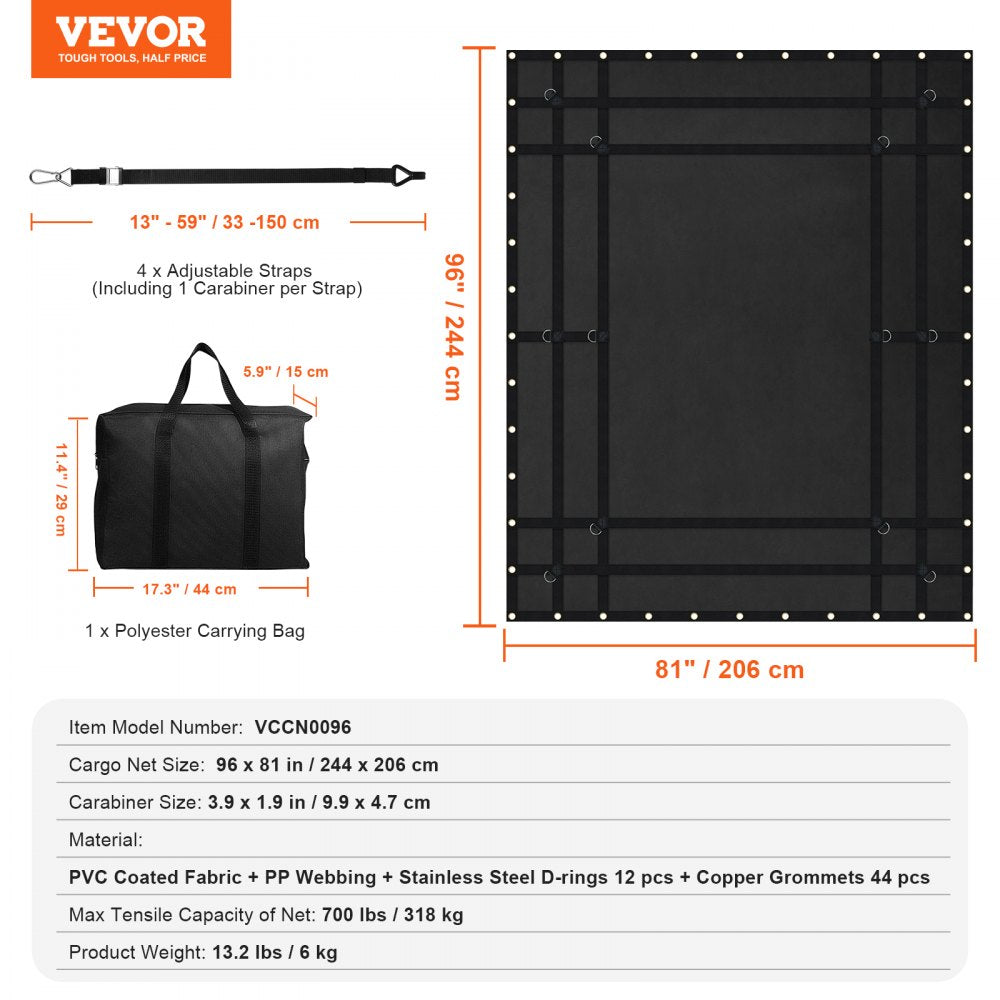 VEVOR Cargo Net, 96 in x 81 in, Heavy Duty Truck Cargo Net for Truck Bed, 4 Adjustable Straps with Carabiners and Rubber Coated Hooks, Durable, Suitable for Pickup, Jeep, Truck, SUV, Boat (Black)