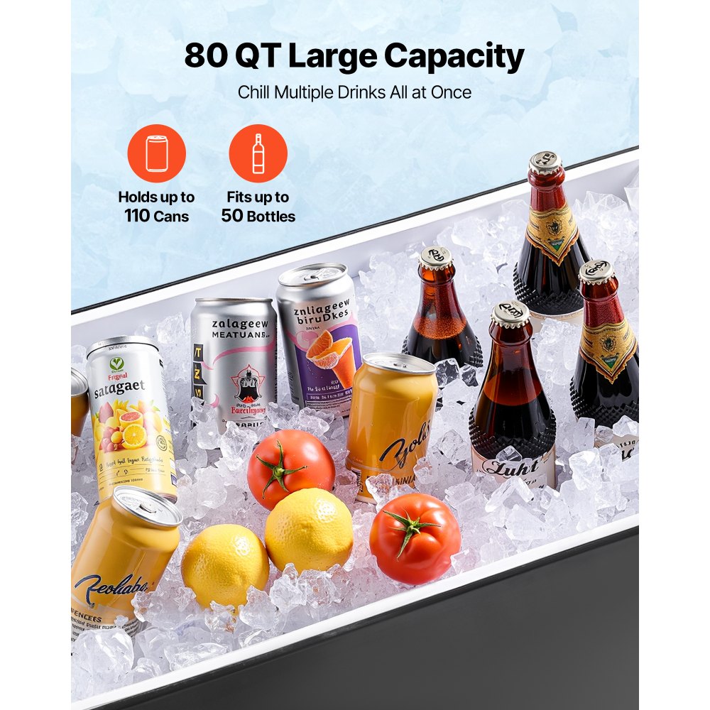 VEVOR 80 Quart Rolling Ice Chest Cart, with 2-Stage Telescopic Pull Handle and 2 Swivel Casters, Portable Table Beach Patio Party Bar Cold Drink Beverage, Outdoor Park Cart on Wheels, Black