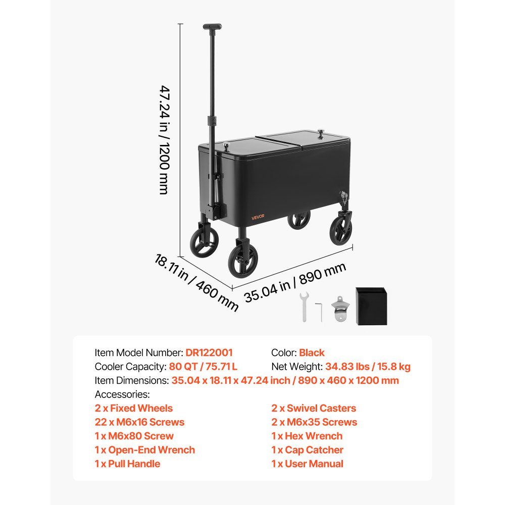 VEVOR 80 Quart Rolling Ice Chest Cart, with 2-Stage Telescopic Pull Handle and 2 Swivel Casters, Portable Table Beach Patio Party Bar Cold Drink Beverage, Outdoor Park Cart on Wheels, Black
