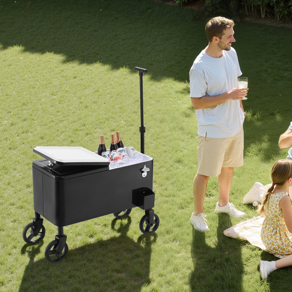 VEVOR 80 Quart Rolling Ice Chest Cart, with 2-Stage Telescopic Pull Handle and 2 Swivel Casters, Portable Table Beach Patio Party Bar Cold Drink Beverage, Outdoor Park Cart on Wheels, Black