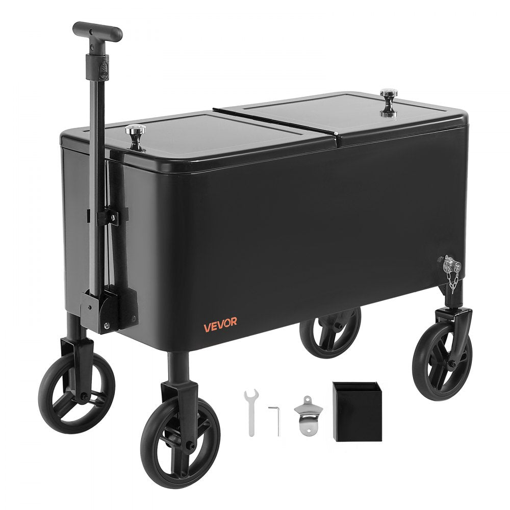 VEVOR 80 Quart Rolling Ice Chest Cart, with 2-Stage Telescopic Pull Handle and 2 Swivel Casters, Portable Table Beach Patio Party Bar Cold Drink Beverage, Outdoor Park Cart on Wheels, Black