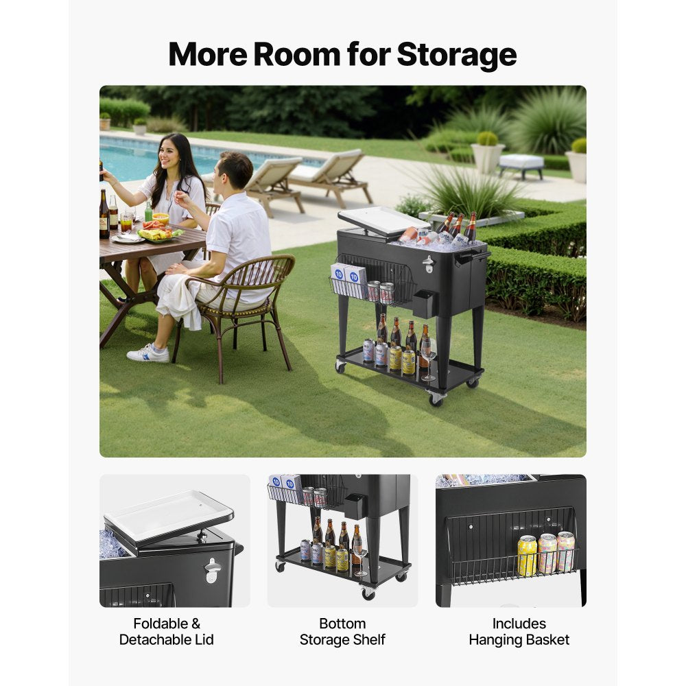 VEVOR 80 Quart Rolling Ice Chest, Holds up to 50 Bottles / 110 Cans, Portable Patio Party Bar Drink Cooler Cart with Bottom Shelf, Beverage Pool with Side Basket and Bottle Opener, Black