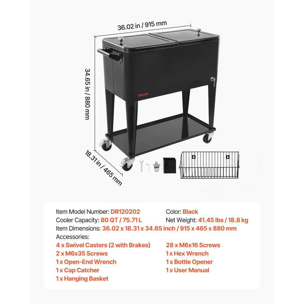 VEVOR 80 Quart Rolling Ice Chest, Holds up to 50 Bottles / 110 Cans, Portable Patio Party Bar Drink Cooler Cart with Bottom Shelf, Beverage Pool with Side Basket and Bottle Opener, Black