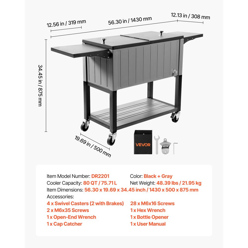 VEVOR 80QT rolling ice chest - dimensions and included accessories overview
