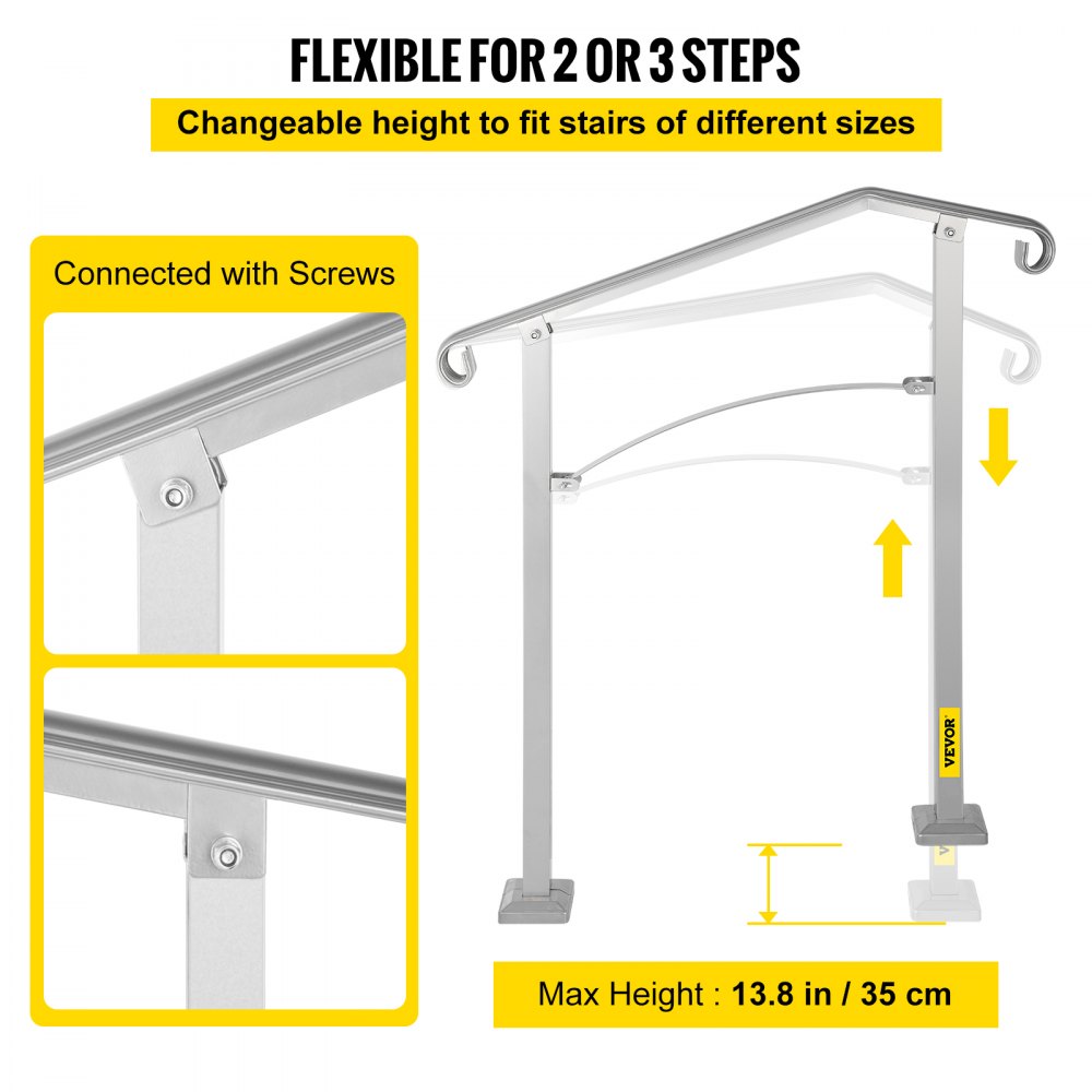 VEVOR Outdoor Stair Railing, Fit 2 or 3 Steps Alloy Metal Handrailing, Front Porch Flexible Transitional Handrail, Arch Step Rail with Installation Kit, for Concrete or Wooden Stairs, Silver