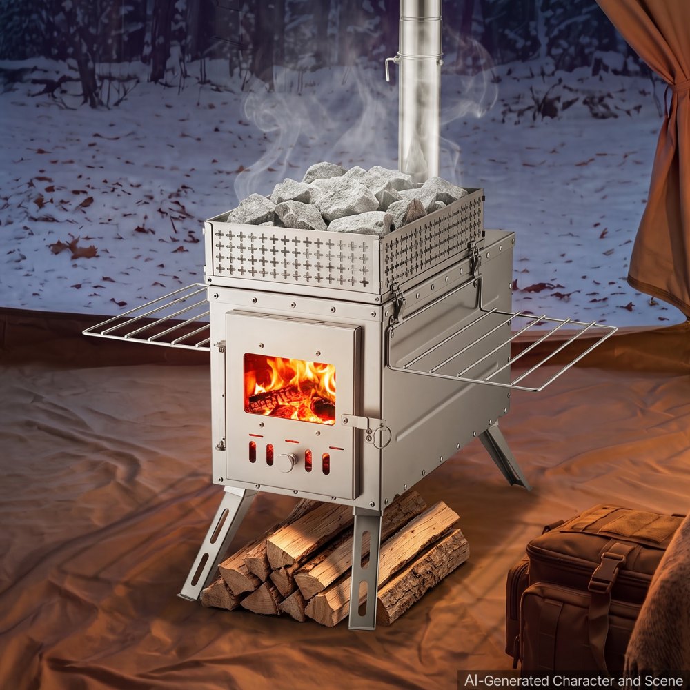 VEVOR Wood Stove Portable Sauna Hot Tent Rocket Stove Stainless Steel, for Dry Sauna Heating Outdoor Camping, with Detachable Stone Box, Extended Chimney Pipes, and Heat-Resistant Glass Window