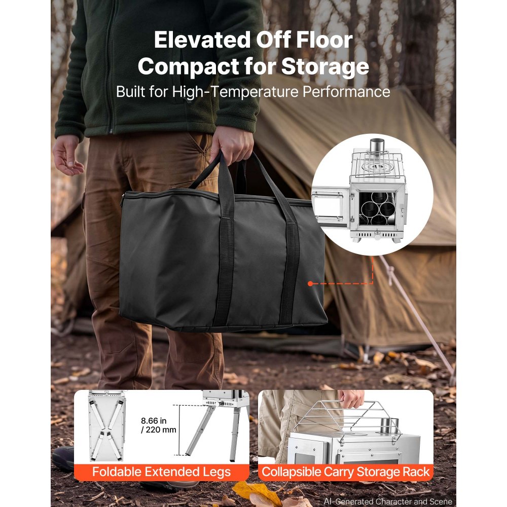 VEVOR Wood Stove Portable Wood Burning Camping Tent Stove Stainless Steel, for Outdoor Heating Cooking Drying, with Extended Chimney Pipes, Ash Drawer, Heat-Resistant Glass Window, Gloves, Carry Bag