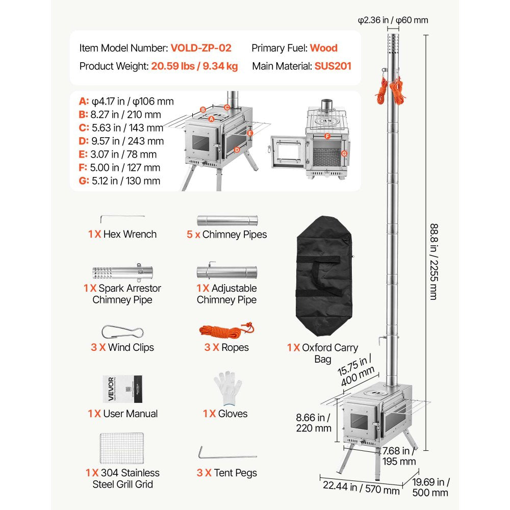 VEVOR Wood Stove Portable Wood Burning Camping Tent Stove Stainless Steel, for Outdoor Heating Cooking Drying, with Extended Chimney Pipes, Ash Drawer, Heat-Resistant Glass Window, Gloves, Carry Bag