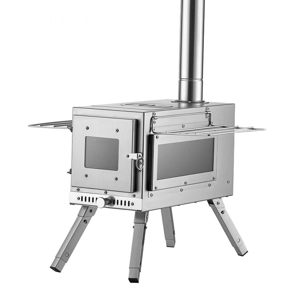 VEVOR Wood Stove Portable Wood Burning Camping Tent Stove Stainless Steel, for Outdoor Heating Cooking Drying, with Extended Chimney Pipes, Ash Drawer, Heat-Resistant Glass Window, Gloves, Carry Bag