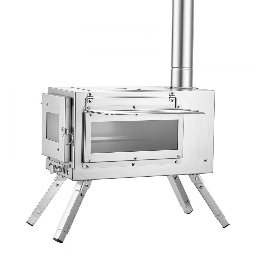 VEVOR Wood Stove Portable Wood Burning Camping Tent Stove Stainless Steel, for Outdoor Heating Cooking Drying, with Extended Chimney Pipes, Ash Drawer, Heat-Resistant Glass Window, Gloves, Carry Bag