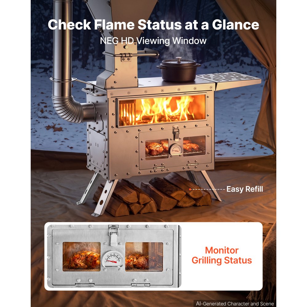 VEVOR Wood Stove Outdoor Pellet Stove with Oven Pellet and Wood Burning, for Outdoor Camping Cooking and Heating, Stainless Steel Body, with Chimney Pipes, Gloves, Carry Bag, and Detachable Shelf