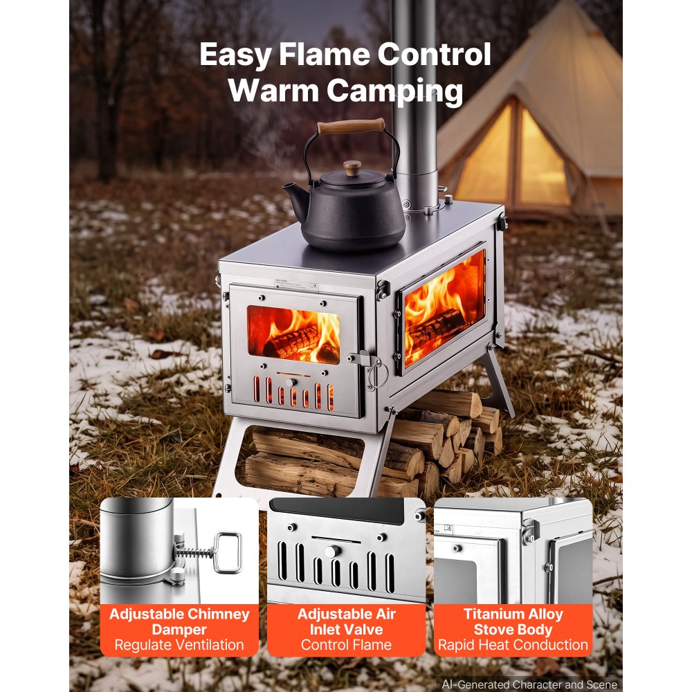 VEVOR Wood Stove Foldable Portable Titanium Wood Burning Camping Tent Stove, for Outdoor Heating and Cooking, 7.05 lbs Lightweight, with Telescopic Retractable Chimney and Heat-Resistant Glass Window