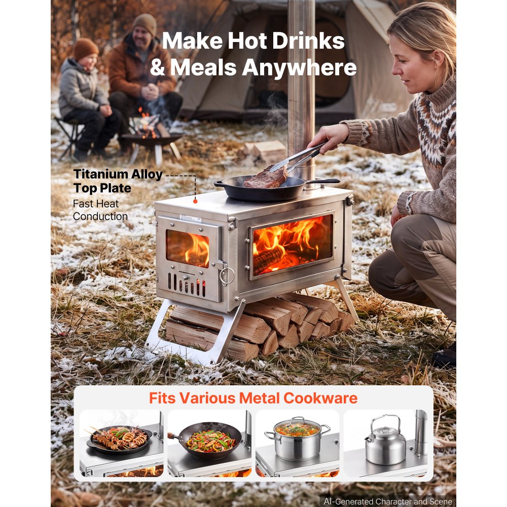VEVOR Wood Stove Foldable Portable Titanium Wood Burning Camping Tent Stove, for Outdoor Heating and Cooking, 7.05 lbs Lightweight, with Telescopic Retractable Chimney and Heat-Resistant Glass Window