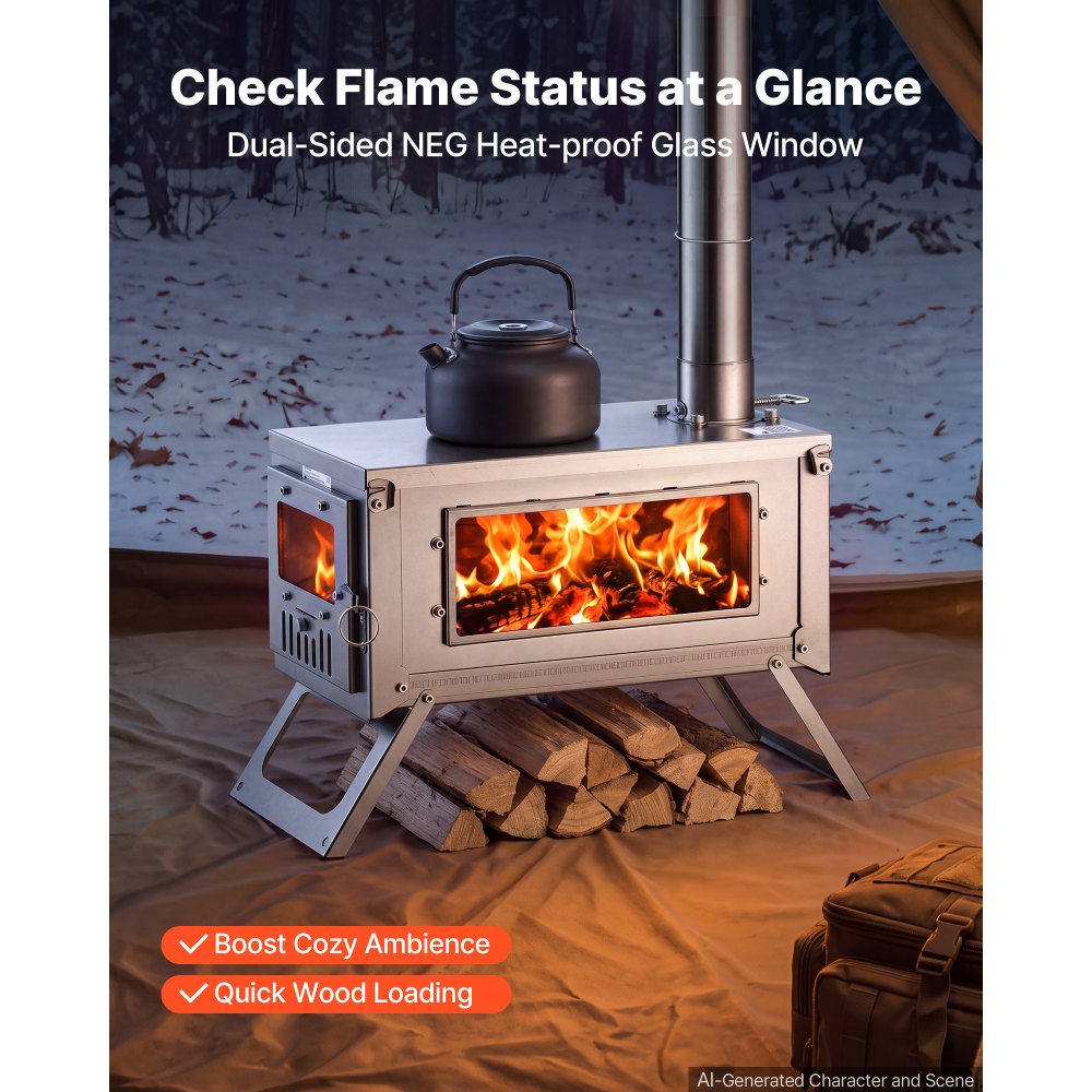 VEVOR Wood Stove Foldable Portable Titanium Wood Burning Camping Tent Stove, for Outdoor Heating and Cooking, 7.05 lbs Lightweight, with Telescopic Retractable Chimney and Heat-Resistant Glass Window