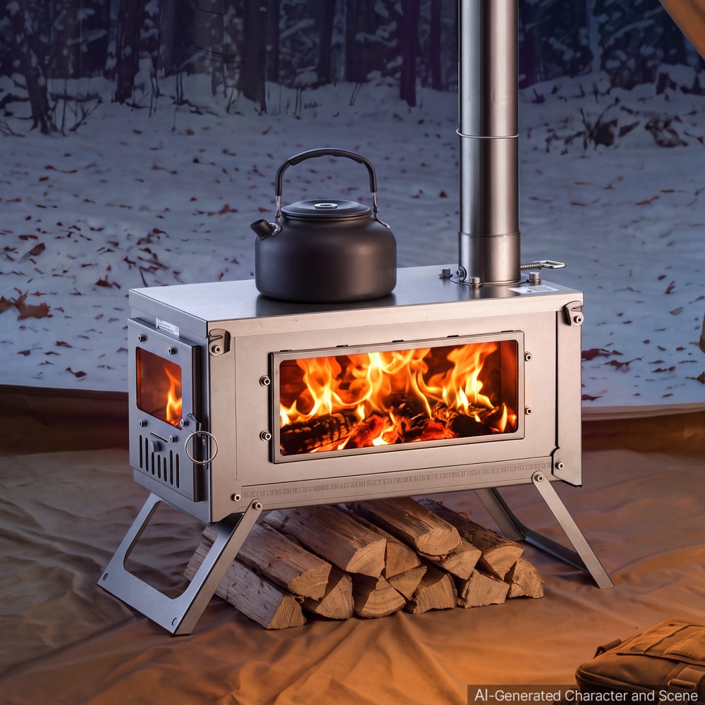 VEVOR Wood Stove Foldable Portable Titanium Wood Burning Camping Tent Stove, for Outdoor Heating and Cooking, 7.05 lbs Lightweight, with Telescopic Retractable Chimney and Heat-Resistant Glass Window