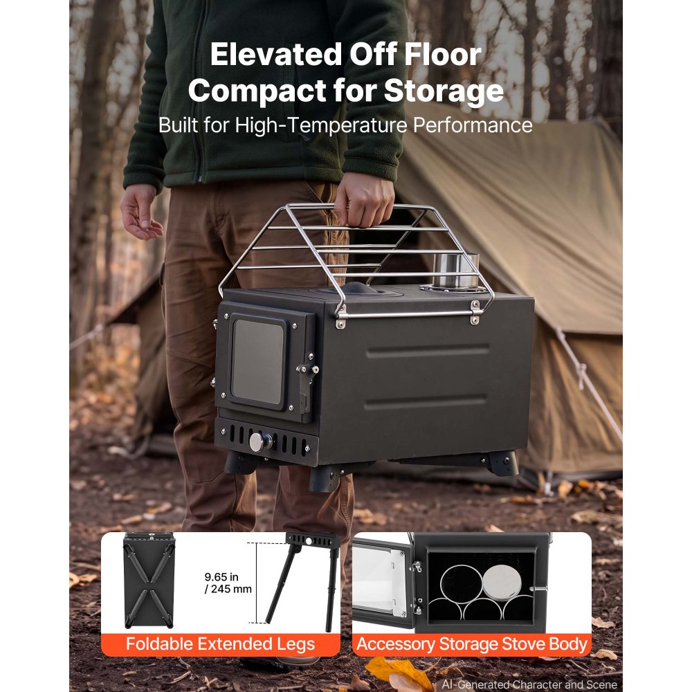 VEVOR Wood Stove Portable Wood Burning Camping Tent Stove Carbon Steel, for Outdoor Heating Cooking Drying, with Extended Chimney Pipes, Separate Ash Drawer, Heat-Resistant Glass Window, Gloves