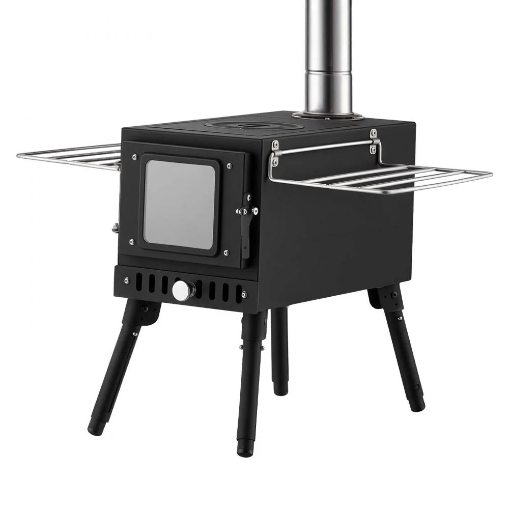 VEVOR Wood Stove Portable Wood Burning Camping Tent Stove Carbon Steel, for Outdoor Heating Cooking Drying, with Extended Chimney Pipes, Separate Ash Drawer, Heat-Resistant Glass Window, Gloves